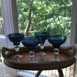 Set of 4 Artland Blown Glass Iris Slate Blue Margarita Glasses